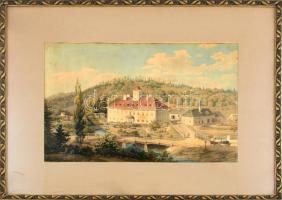 F. Wolf jelzéssel: Osztrák hegyi falu. XIX. sz. Akvarell, ceruza, papír. Jelzett, üvegezett keretben 54x38 cm