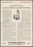 cca 1930 Használati utasítás a Savage-mosó és szárítógéphez