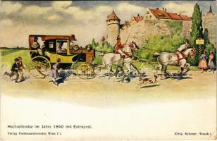 1920 Hochzeitsreise im Jahre 1840 mit Extrapost. Verlag Postbeamtenverein Wien / Austrian folklore, honeymoon trip with post carriage s: Krüzner Wosak (EK)