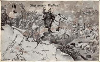 1915 Sieg unsern Waffen! / WWI Austro-Hungarian K.u.K. military art postcard, patriotic propaganda, Franz Joseph I of Austria. LP 1593. (vágott / cut)
