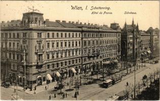 1909 Wien, Vienna, Bécs; Schottenring, Hotel de France, Sühnhaus / street, tram, hotel, shops (Rb)