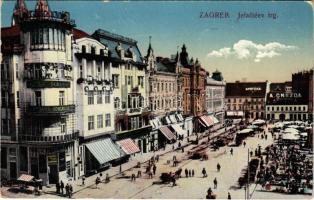 1915 Zagreb, Agram, Zágráb; Jelacicev trg, Apoteka / square, market, shops, pharmacy + "K.u.K. Bahnhof-Commando Agram, Südbahnhof" (EK)