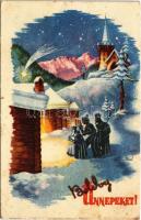 Boldog Ünnepeket! / Hungarian irredenta Christmas greeting art postcard s: Bozó (lyuk / pinhole)