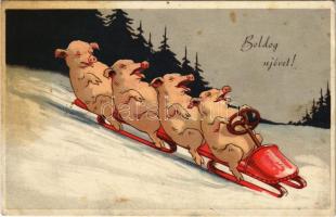 1943 Boldog Újévet! / New Year greeting art postcard, pigs with bobsled, winter sport, humour (fl)