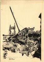 Budapest, az Erzsébet híd budai romjai. Második világháború utáni romok. Felelős kiadó: Jánossy Árpád s: Pfannl Egon (EK)