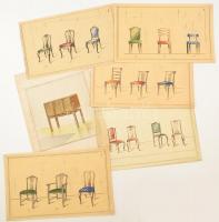 cca 1910-40 Korabeli bútorok tervei 7 db lapon. Vegyes technika, pauszpapír vagy papír, jelzés nélkül, részben kissé sérült, 21x34 cm körüli méretekben