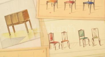 cca 1910-40 Korabeli bútorok tervei 7 db lapon. Vegyes technika, pauszpapír vagy papír, jelzés nélkü...