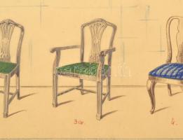 cca 1910-40 Korabeli bútorok tervei 7 db lapon. Vegyes technika, pauszpapír vagy papír, jelzés nélkü...