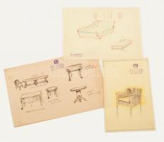 cca 1910-20 Korabeli bútorok tervei 3 db lapon, Hermann Gmehling gyárának pecsétjével. Vegyes technika, pauszpapír vagy papír, papírra kasírozva, részben hajtásnyomokkal, 21x17 és 21x34,5 cm