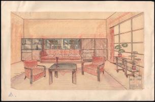 cca 1940 Enteriőr terv korabeli modern bútorokkal, Bélint Ferenc lakberendező szárazbélyegzőjével és pecsétjével. Ceruza, kréta, pauszpapír, papírra kasírozva, kissé sérült, 21x36 cm