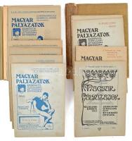 1903-1907 Magyar Pályázatok. Szerk.: Fejér Lajos és Ritter Ignácz építészek. 17 db szám (I. évf. 1., 5-8., 11-12. sz., II. évf. 2-3., 7. sz., III. évf. 2., 4., 8-9. sz., IV. évf. 1-2. sz., V. évf. 1. sz.), közte a folyóirat induló száma. Számos illusztrációval, hirdetésekkel. Kiadói tűzött papírkötés, vegyes állapotban (egy szám szétvált borítóval), sérült kiadói kartonált mappában.