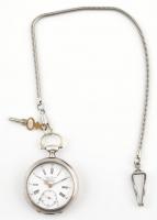 Joseph Devaux Chatelineau ezüst tokos zsebóra, kulccsal, fém lánccal, működik, plexin sérülés, apró ...