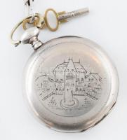 Joseph Devaux Chatelineau ezüst tokos zsebóra, kulccsal, fém lánccal, működik, plexin sérülés, apró ...