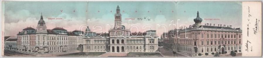 1907 Arad, Városház tér, Csanádi palota, Pénzügyi palota, Városháza. Kerpel Izsó kiadása. 3-részes kihajtható panorámalap / town hall, financial palace. 3-tiled folding panoramacard (kis szakadás / small tear)