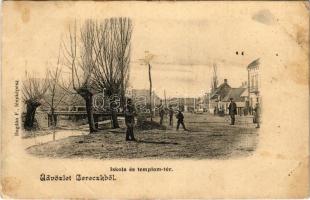 1909 Bereck, Bereczk, Bretcu; Iskola és templom tér, híd. Bogdán F. fényképész / school, church, bridge (fa)