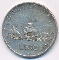 Olaszország 1958R 500L Ag Kolumbusz hajói T:2 patina Italy 1958R 500 Lire Ag Columbus Ships C:XF patina Krause KM#98