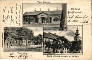 1905 Perjámos, Periam; vasútállomás, Vasút utca, Iskola, plébániatemplom az ófaluban. Friedmann József kiadása / railway station, street view, school, parish church (r)