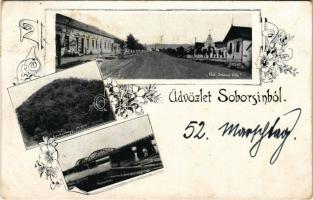 1908 Soborsin, Savarsin; Főút, Seidner villa, Cukorhegy, Maros híd / main street, villa, mountain, Mures river bridge. Art Nouveau, floral (fl)