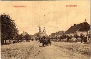 1908 Erzsébetváros, Dumbraveni; Erzsébet utca, templom / street view, church