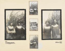 1924 Strandolók, csónakázók Veresegyházán és Megyeren, 7 db albumlapra ragasztott fotó, 6,5×3,5 és 13×8 cm közötti méretekben