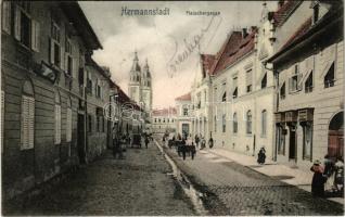 1909 Nagyszeben, Hermannstadt, Sibiu; Fleischergasse / Mészáros utca, üzletek / street view, shops (EK)