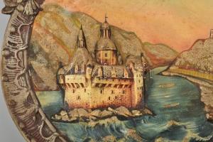 Antik német dísz fali tál, jelzés nélkül, kopott, d: 32 cm