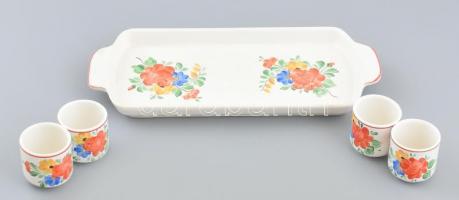 Gránit pálinkás kínáló készlet. 4 csésze, tálca, Kézzel festett, jelzett, hibátlan.