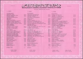 cca 1970 Andaluzia spanyol étterem étlapja, dekoratív borítóval, BNV,