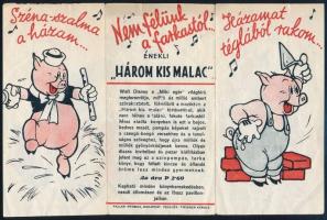 cca 1930-40 Három Kis Malac c. Walt Disnex könyv kihajtható illusztrált reklám prospektusa, 13x20 cm / Vintage Three Little Pigs Walt Disney book advertising in Hungarian