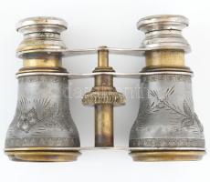 Régi fém színházi látcső, távcső, XX. sz. eleje, vésett mintával díszítve, korának megfelelő kopásny...