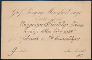 1872 Gróf Lónyay Menyhért miniszterelnök és neje meghívója Pásztélyi János királyi táblai bíró részére, táncestélyére kártyán, 10,5x16 cm