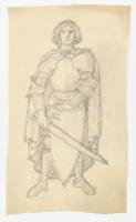 Muhits Sándor (1882-1956): Lovag karddal (Üvegablak v. freskóterv). Ceruza, hártyapapír, jelzés nélkül, lap széle kissé sérült, 40,5×22 cm