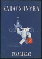 cca 1930 Karácsonyra takarékgáz, Konecsni György (1908-1970) art deco plakátja, jó állapotban, 24,5×16,5 cm