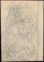 Muhits Sándor (1882-1956): Angyalok alászállnak a mennyből (Üvegablak v. freskóterv). Ceruza, papír, jelzés nélkül, lap széli apró sérülésel, törésnyommal, 30,5×21 cm