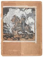 Olvashatatlan jelzéssel, 1900 körül: Babák népviseletben. Akvarell, ceruza, papír, lap széli apró sérüléssel, kartonra kasírozva. 29×41 cm. Kétoldalas mű, hátoldalán száguldó lovasok, vegyes technika, karton, jelzés nélkül, 31x28 cm.