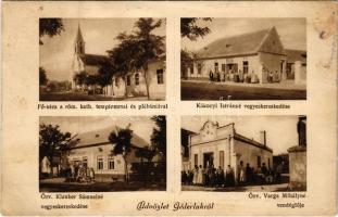 1930 Géderlak, Fő utca, Római katolikus templom és plébánia, Kákonyi Istvánné és Özv. Klauber Sámuelné vegyeskereskedése, üzletek, özv. Varga Mihályné vendéglője. Tumpek fényképész kiadása (EB)