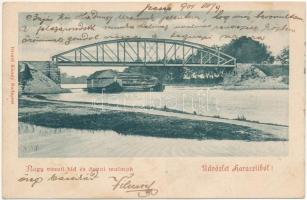 1901 Dunaharaszti, Haraszti; Nagy vasúti híd és dunai malmok, úszó hajómalom. Divald Károly kiadása / floating boat mill
