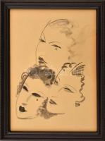cca 1930 Jelzés nélkül: Art deco női fejek, akvarell, papír, korabeli üvegezett keretben, 23,5×16,5 cm