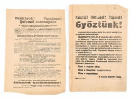 1918-1919 Az őszirózsás forradalom, a Károlyi kormány, győzelméről szóló valamint az MSZDP választási győzelméről szóló röplap. 19x29 cm.