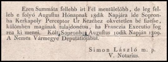 1809 Beled község részére a megszálló francia seregek által kiadott adófizetési felszólítás, szabad ...