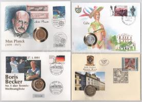 3xklf érmés boríték tétel, benne: Kuba 1972. 20c érmés felbélyegzett borítékon bélyegzővel, hátlapon ENSZ bélyeggel és alkalmi bélyegzővel, ismertetővel + NSZK 1958F 2M Max Planck aranyozott, Max Planck borítékon, bélyeggel és alkalmi bélyegzővel + NSZK 1990D 1M aranyozott, Boris Becker borítékon, bélyeggel és alkalmi bélyegzővel + Ausztria 1994. 800 éves a bécsi pénzverő fém emlékérem felbélyegzett borítékon, alkalmi bélyegzővel T:1-2- 3xdiff coin with envelope, within: Cuba 1972. 20 Centimos in coin envelope with stamp and cancellation, with UN stamp and cancellation on the backside + GFR 1958F 2 Mark gilt, in Max Planck envelope with stamp and cancellation + GFR 1990D 1 Mark gilt, in Boris Becker envelope with stamp and cancellation + Austria 1994. 800th anniversary of the mint in Wien metal medallion in envelope with stamp and cancellation C:UNC-VF