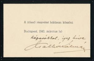 1940 Csathó Kálmán (1881-1964) író, színházi rendező, MTA-tag saját kezű írása és aláírása felesége, Aczél Ilona színésznő halála miatt kiadott részvétköszönő kártyán