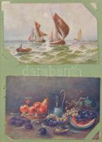 Régi képeslap album benne festmény, üdvözlő, motívum kis gyűjtemény