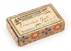 1916 Irgalmasrend gyógyszertára, gyönyörű papírdoboz, szép állapotban, 3,5×6×1,5 cm