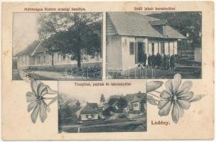 1912 Ledény, Ladzany; templom, paplak, iskola, Méltóságos Ruston urasági kastélya, Brüll Jakab üzlete / church, rectory, school, castle, shop. floral (Rb)