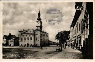 1933 Késmárk, Kezmarok; Fő tér, Mór Vogelmann üzlete, mozi / Hlavné námestie / Hauptplatz, Kino / main square, cinema, shops