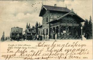 1900 Tátra, Magas-Tátra, Vysoké Tatry; Csorbató felső fogaskerekű vasútállomás, vonat, gőzmozdony. Schmidt Edgar kiadása / Obere Station beim Csorbasee, Zahnradbahn / Strbské Pleso cogwheel railway station, train, locomotive (EK)