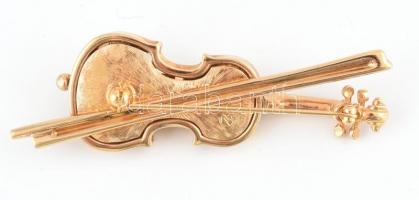 Swarovski kristállyal díszített hegedű alakú bross, réz, jó állapotban, 7 cm