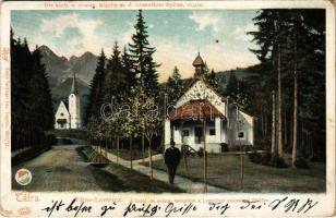 1903 Tátralomnic, Tatranská Lomnica (Magas-Tátra, Vysoké Tatry); Die kath. u. evang. Kirche m. d. Lomnitzer Spitze / Katolikus és evangélikus templom a Lomnici csúccsal. Feitzinger Ede 1902/12. 349. / churches, Lomnicky stít (EK)