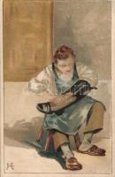 Shoe-shine boy Hold to light Litho